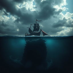 An epic scene inspired by 'The Erratum' by Dauntless Brother, showcasing a lone pirate ship bravely sailing above a dark ocean