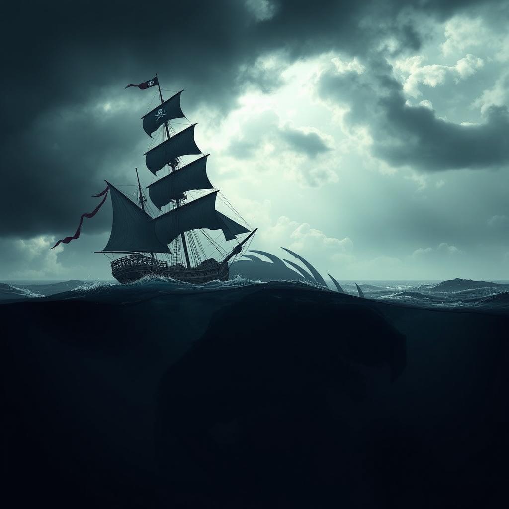 An epic scene inspired by 'The Erratum' by Dauntless Brother, showcasing a lone pirate ship bravely sailing above a dark ocean