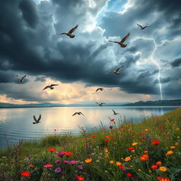 An atmospheric nature scene capturing the essence of a vibrant landscape adorned with birds in mid-flight, colorful wildflowers swaying gently in the breeze, and a reflective body of water mirroring the sky
