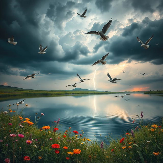 An atmospheric nature scene capturing the essence of a vibrant landscape adorned with birds in mid-flight, colorful wildflowers swaying gently in the breeze, and a reflective body of water mirroring the sky