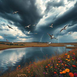 An atmospheric nature scene capturing the essence of a vibrant landscape adorned with birds in mid-flight, colorful wildflowers swaying gently in the breeze, and a reflective body of water mirroring the sky