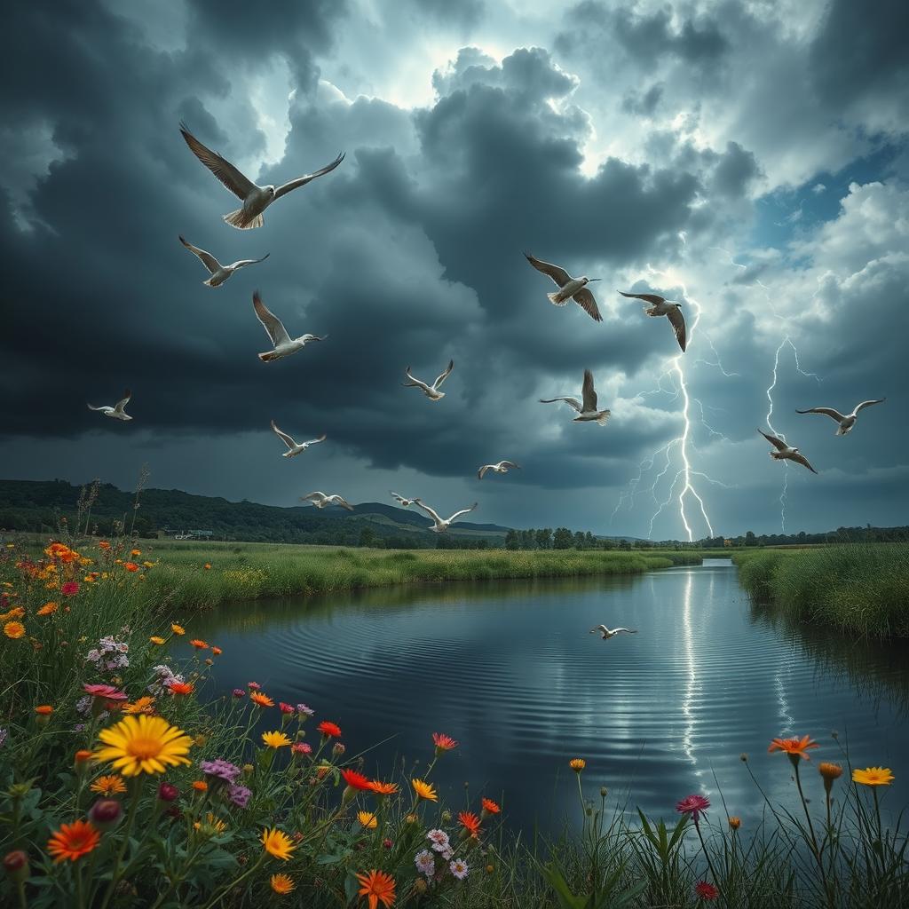 An atmospheric nature scene capturing the essence of a vibrant landscape adorned with birds in mid-flight, colorful wildflowers swaying gently in the breeze, and a reflective body of water mirroring the sky