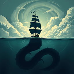 A captivating scene from 'The Erratum' by Dauntless Brother, depicting a lone pirate ship bravely navigating the open sea, with its sails fully extended against a backdrop of swirling clouds