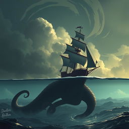 A captivating scene from 'The Erratum' by Dauntless Brother, depicting a lone pirate ship bravely navigating the open sea, with its sails fully extended against a backdrop of swirling clouds