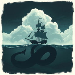 A captivating scene from 'The Erratum' by Dauntless Brother, depicting a lone pirate ship bravely navigating the open sea, with its sails fully extended against a backdrop of swirling clouds