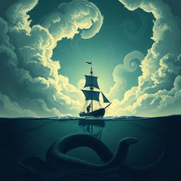 A captivating scene from 'The Erratum' by Dauntless Brother, depicting a lone pirate ship bravely navigating the open sea, with its sails fully extended against a backdrop of swirling clouds