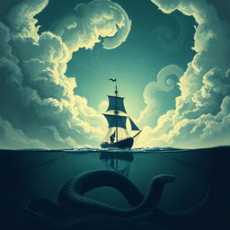 A captivating scene from 'The Erratum' by Dauntless Brother, depicting a lone pirate ship bravely navigating the open sea, with its sails fully extended against a backdrop of swirling clouds