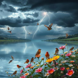 A breathtaking nature scene showcasing the beauty of a vibrant landscape filled with various bird species perched on blooming flowers