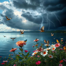 A breathtaking nature scene showcasing the beauty of a vibrant landscape filled with various bird species perched on blooming flowers