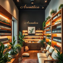 A captivating image of a modern aromatherapy shop named 'Aromateca'