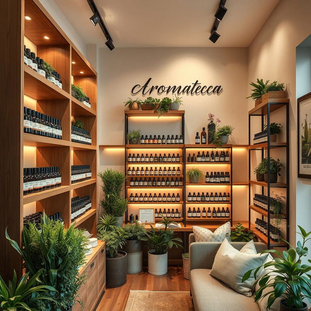 A captivating image of a modern aromatherapy shop named 'Aromateca'