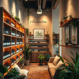 A captivating image of a modern aromatherapy shop named 'Aromateca'