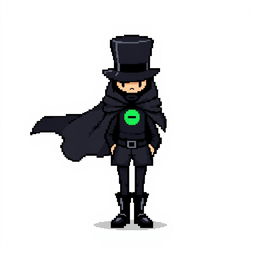 A pixel art character wearing a stylish black outfit with a cloak and a top hat, displaying a shy expression