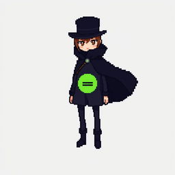 A pixel art character wearing a stylish black outfit with a cloak and a top hat, displaying a shy expression