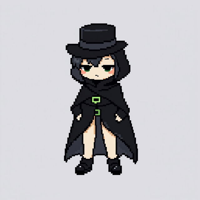 A pixel art character wearing a stylish black outfit with a cloak and a top hat, displaying a shy expression