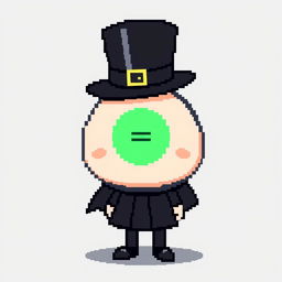 A pixel art character wearing a stylish black outfit with a cloak and a top hat, displaying a shy expression