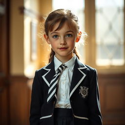 An ultra-realistic portrait of a young girl with facial features reminiscent of Rachel Leigh Cook at 12 years old