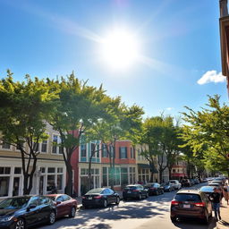 A vibrant town scene on a sunny day showcasing charming buildings in various styles, parked cars lining the streets, and lush green trees providing shade