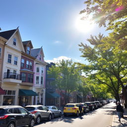 A vibrant town scene on a sunny day showcasing charming buildings in various styles, parked cars lining the streets, and lush green trees providing shade