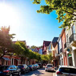 A vibrant town scene on a sunny day showcasing charming buildings in various styles, parked cars lining the streets, and lush green trees providing shade