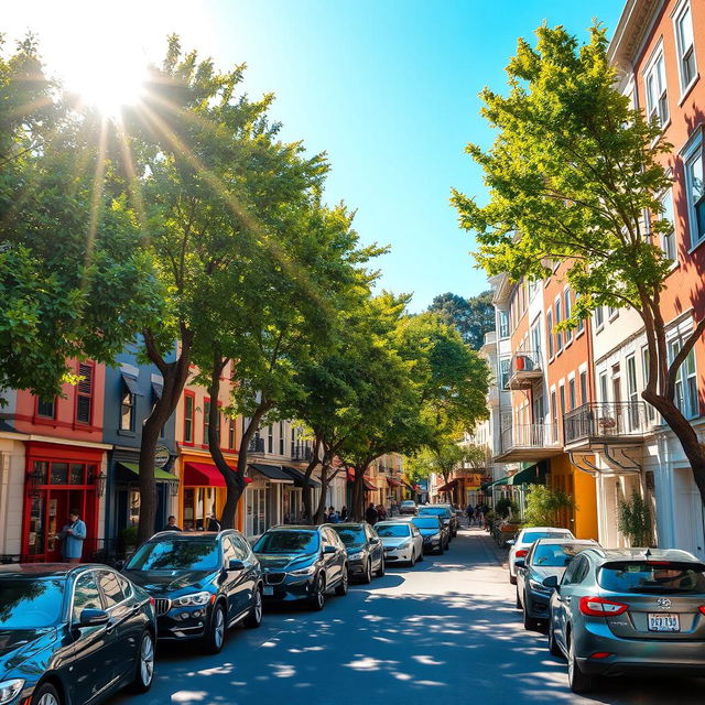 A vibrant town scene on a sunny day showcasing charming buildings in various styles, parked cars lining the streets, and lush green trees providing shade