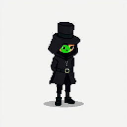 A pixel art character dressed in a stylish black outfit with a cloak and a top hat, standing with their hands behind their back and looking down
