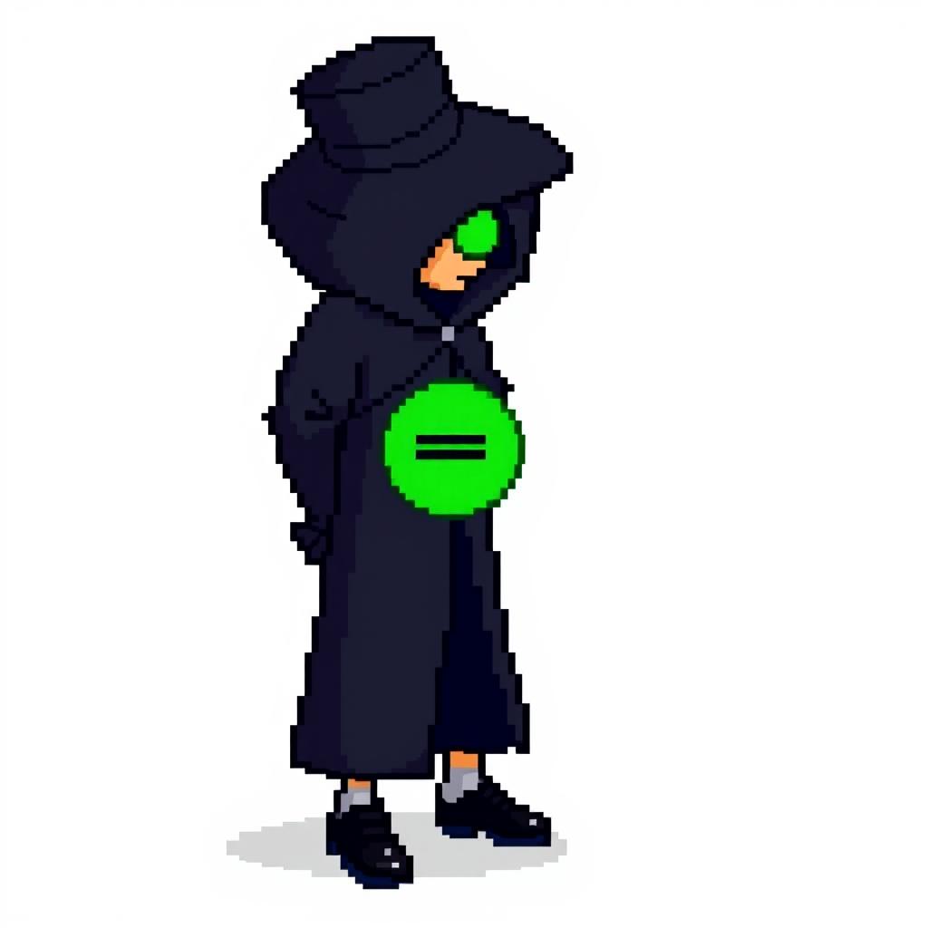 A pixel art character dressed in a stylish black outfit with a cloak and a top hat, standing with their hands behind their back and looking down