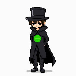 A pixel art character dressed in a stylish black outfit with a cloak and a top hat, standing with their hands behind their back and looking down