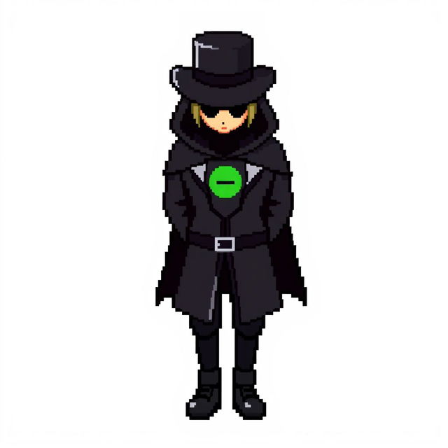 A pixel art character dressed in a stylish black outfit with a cloak and a top hat, standing with their hands behind their back and looking down