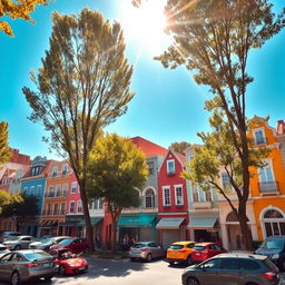 A lively town scene under a bright sunny day, featuring a mix of charming buildings with varying architectural styles