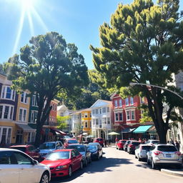 A lively town scene under a bright sunny day, featuring a mix of charming buildings with varying architectural styles