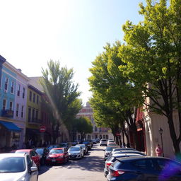 A lively town scene under a bright sunny day, featuring a mix of charming buildings with varying architectural styles