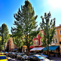 A lively town scene under a bright sunny day, featuring a mix of charming buildings with varying architectural styles