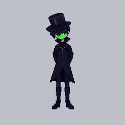 A pixel art character dressed in a sleek black outfit with a cloak and a top hat, standing with their hands behind their back and looking down