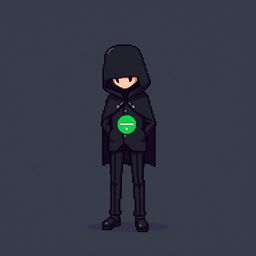 A pixel art character dressed in a sleek black outfit with a cloak and a top hat, standing with their hands behind their back and looking down
