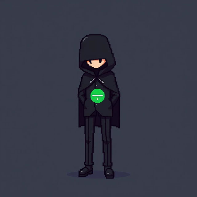 A pixel art character dressed in a sleek black outfit with a cloak and a top hat, standing with their hands behind their back and looking down