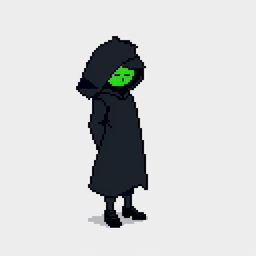 A pixel art character dressed in a sleek black outfit with a cloak and a top hat, standing with their hands behind their back and looking down