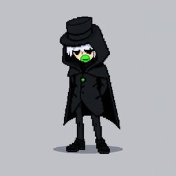 A pixel art character dressed in a sleek black outfit with a cloak and a top hat, standing with their hands behind their back and looking down