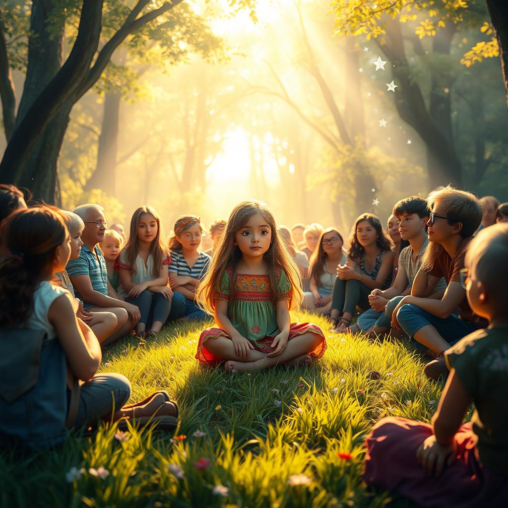 An enchanting scene featuring a young girl sitting cross-legged on a vibrant patch of grass, surrounded by a captivated audience of diverse people of various ages, all listening intently to her storytelling