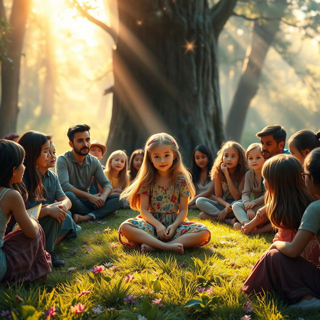 An enchanting scene featuring a young girl sitting cross-legged on a vibrant patch of grass, surrounded by a captivated audience of diverse people of various ages, all listening intently to her storytelling