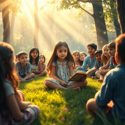 An enchanting scene featuring a young girl sitting cross-legged on a vibrant patch of grass, surrounded by a captivated audience of diverse people of various ages, all listening intently to her storytelling