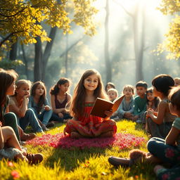An enchanting scene featuring a young girl sitting cross-legged on a vibrant patch of grass, surrounded by a captivated audience of diverse people of various ages, all listening intently to her storytelling