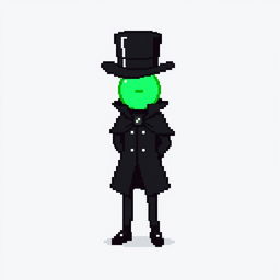 A pixel art character dressed in an elegant black outfit with a cloak and a top hat, standing with their hands behind their back and looking down