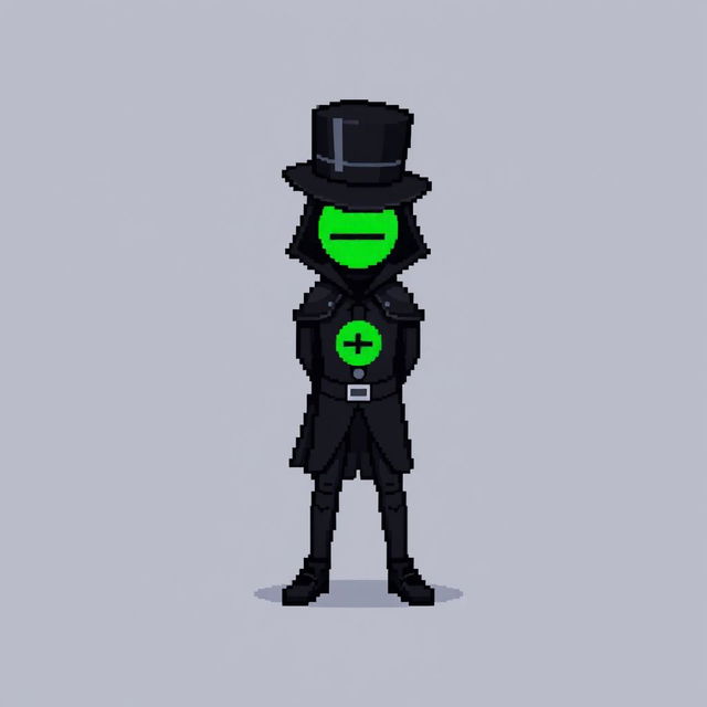 A pixel art character dressed in an elegant black outfit with a cloak and a top hat, standing with their hands behind their back and looking down