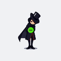 A pixel art character dressed in an elegant black outfit with a cloak and a top hat, standing with their hands behind their back and looking down