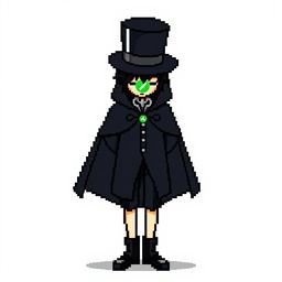 A pixel art character dressed in an elegant black outfit with a cloak and a top hat, standing with their hands behind their back and looking down