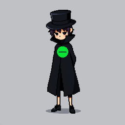 A pixel art character wearing a sharp black outfit with a cloak and a top hat, standing with their hands behind their back and gazing downwards