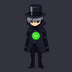 A pixel art character wearing a sharp black outfit with a cloak and a top hat, standing with their hands behind their back and gazing downwards