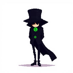 A pixel art character wearing a sharp black outfit with a cloak and a top hat, standing with their hands behind their back and gazing downwards