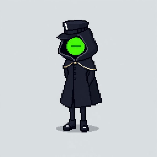 A pixel art character wearing a sharp black outfit with a cloak and a top hat, standing with their hands behind their back and gazing downwards